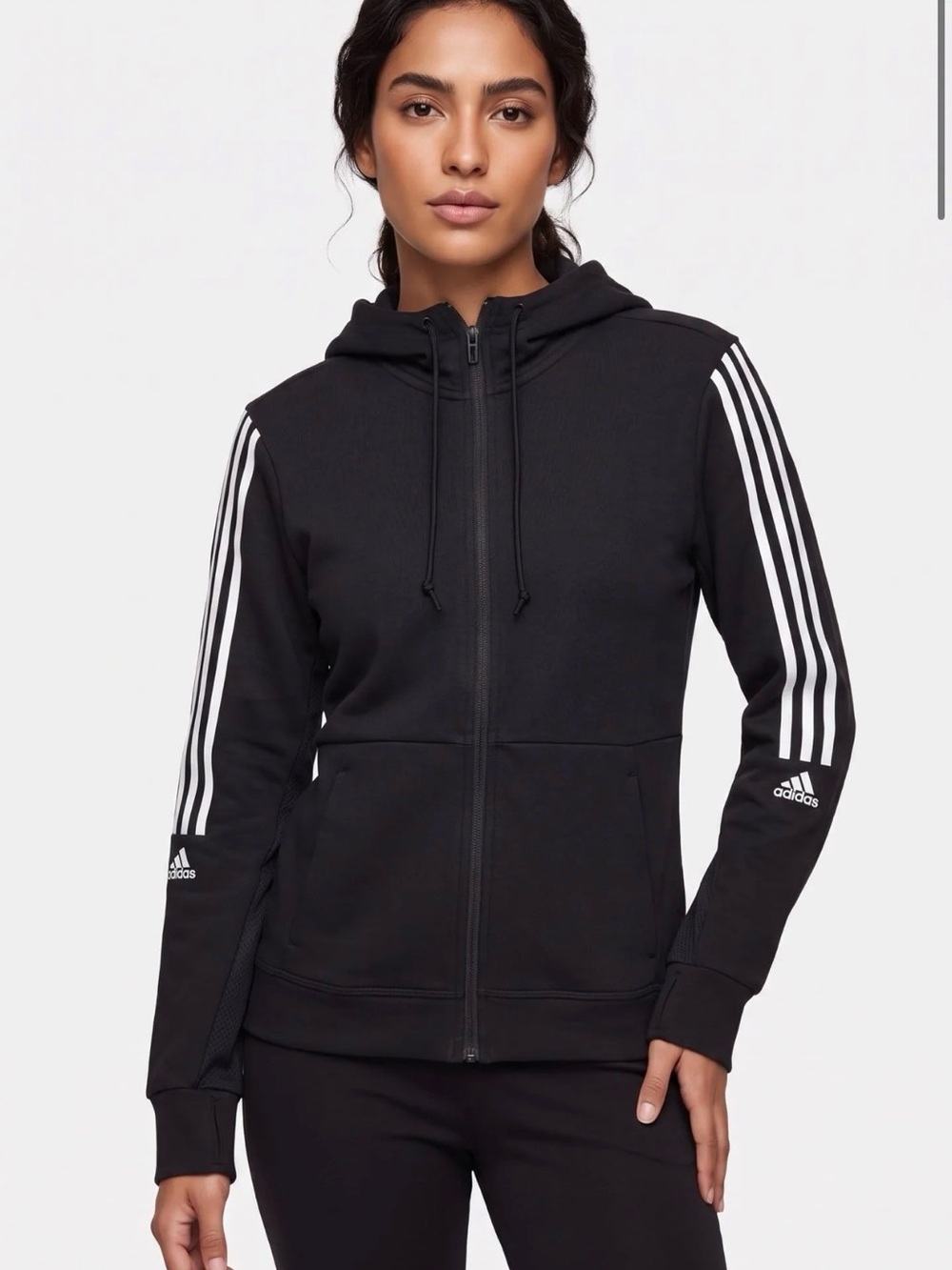 adidas Kids Black Hoodie Jacket with White Sleeve Stripes